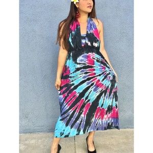 Womens Handmade Tie Dye Beach  Wear Boho Hippie Halter Dress Fits SML